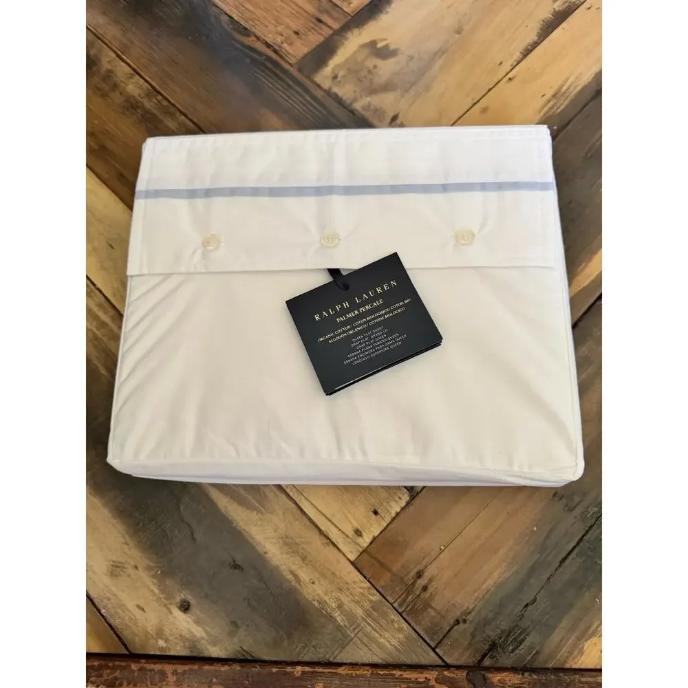 NWT Ralph Lauren Organic Cotton Percale Palmer Queen Flat Sheet White/Sky Blue